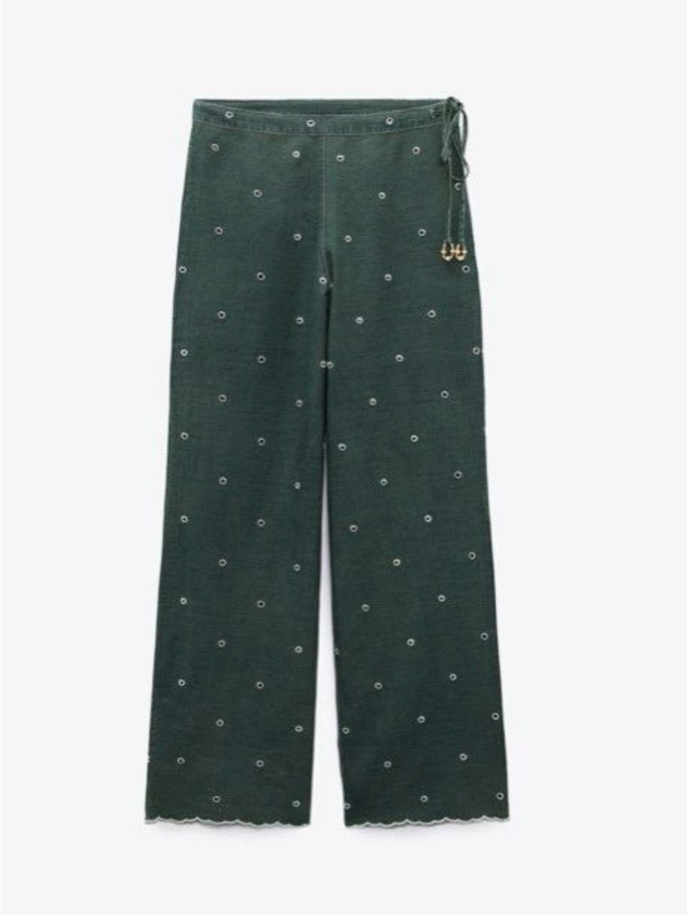 Zara Forest Green Embroidered Eyelet Wide-Leg Pants